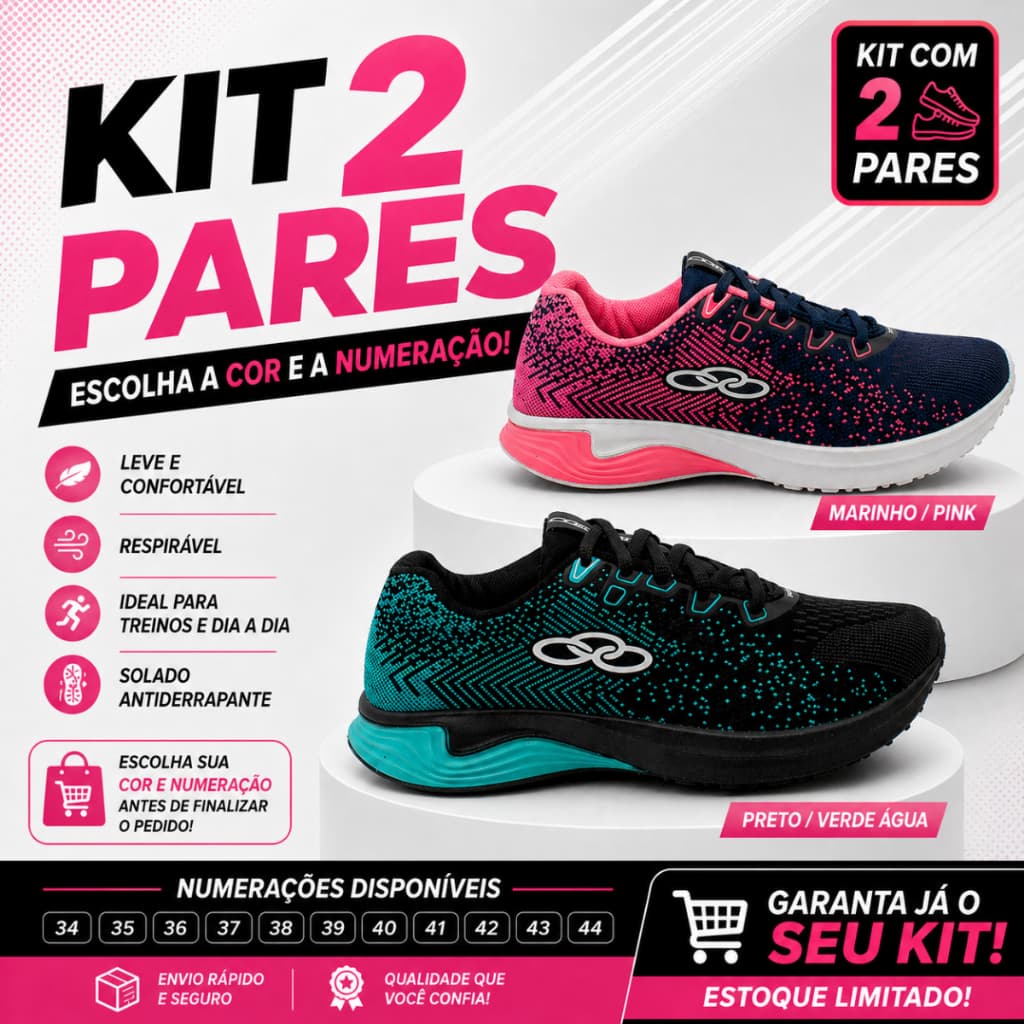 Kit 2 Pares Tênis Feminino Masculino Academia Treino Corrida Caminhada Esportivo Leve Confortável