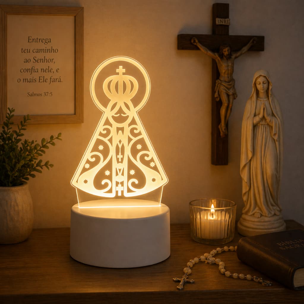 Luminária Abajur 3D Led Acrílico De Mesa Criativo Tomada Branco Luz Noturno 3D Santinha Coração