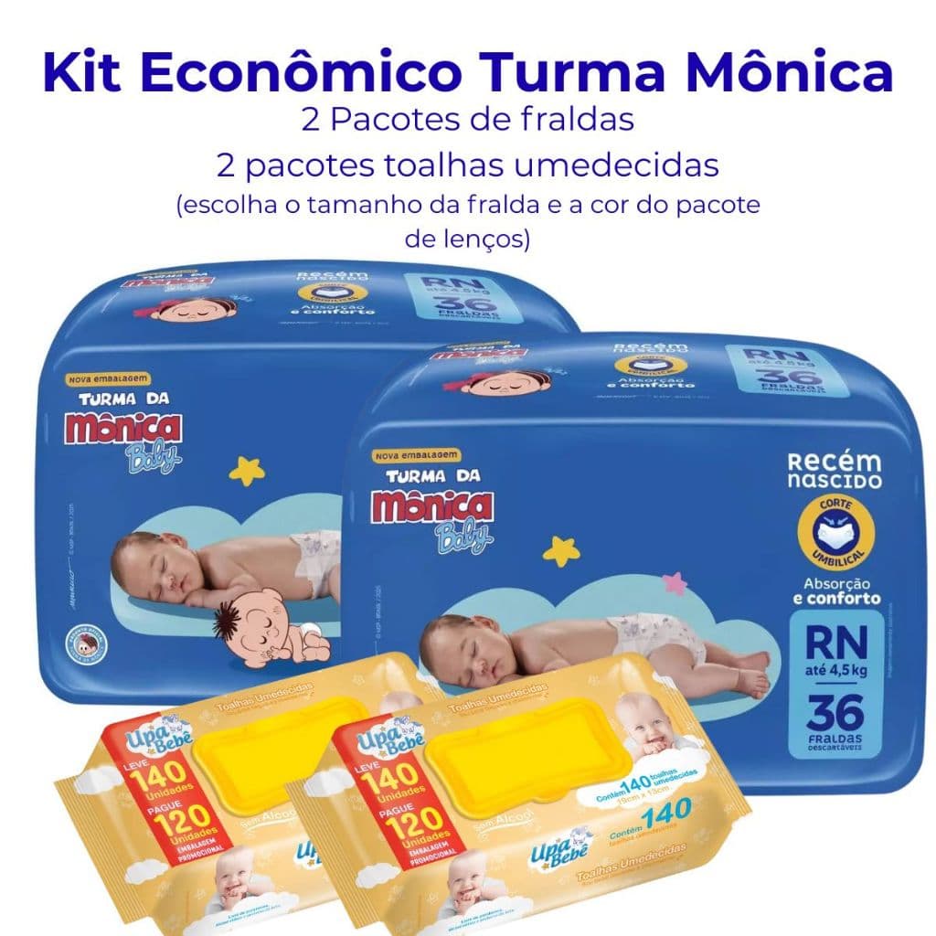 Kit Econômico 2 Pacotes Fraldas Turma da Mônica Baby Jumbo + 280 Lenços Toalhas Umedecidas Upa Bebê