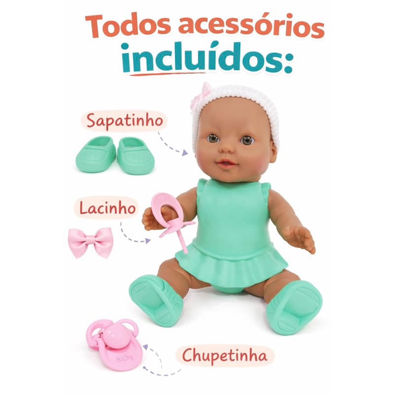 Boneca Elya Negra/ Branca Bebê 20cm com Acessórios Inclusos (Chupeta, Lacinho, Sapato) – Roupa Vinil