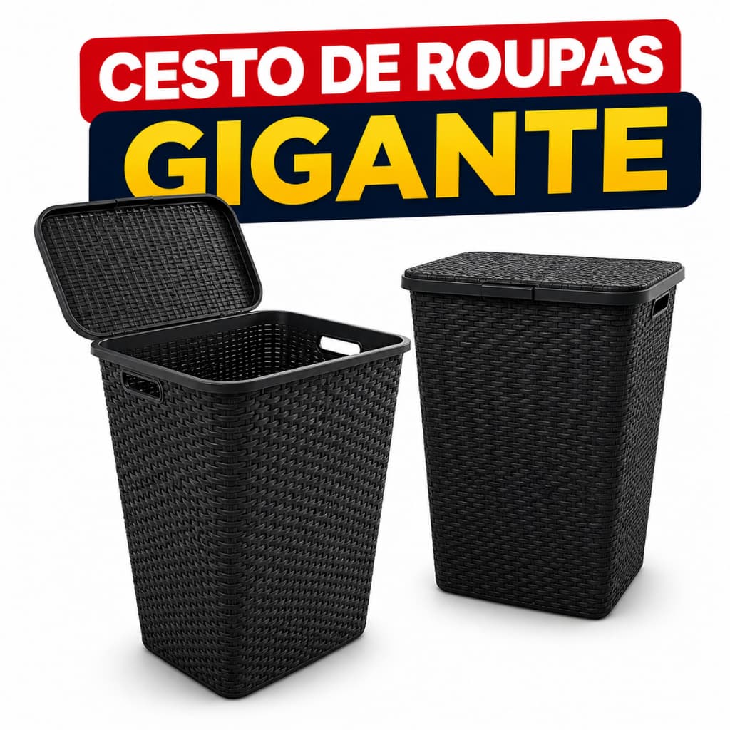 Cesto de Roupa Suja com Tampa 72 Litros Rattan para Lavanderia Banheiro Grande Família Multiuso
