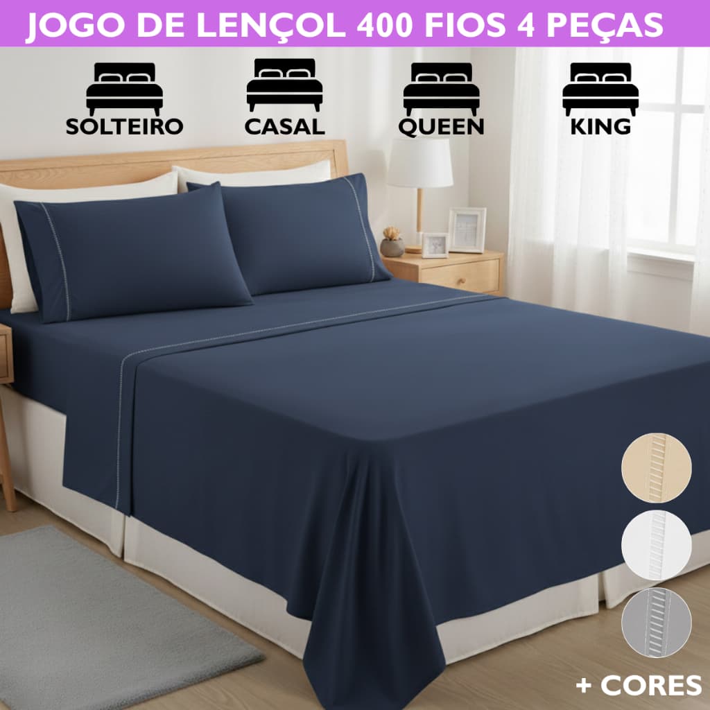 Jogo De Lençol 400 Fios Ponto Palito Casal Queen King e Solteiro com Elástico Toque de Seda  3 e 4 Peças