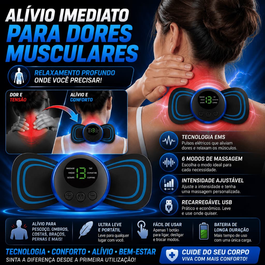 Mini Massageador Elétrico Portátil EMS Recarregável Relaxamento Muscular Pescoço Corpo