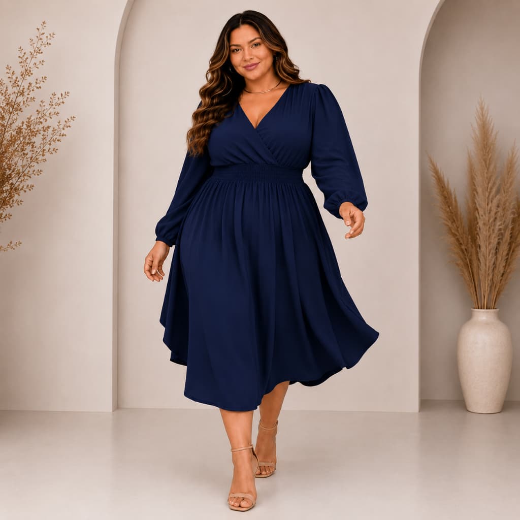 Vestido Midi Decote V Plus Size Confortável Manga Longa Moda Casual Feminina