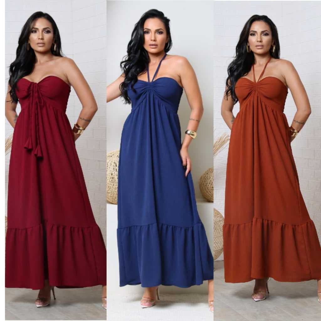 vestido feminino,  longo detalhe no busto, bojo tomara que caia com lastex nas costas, moda verão,