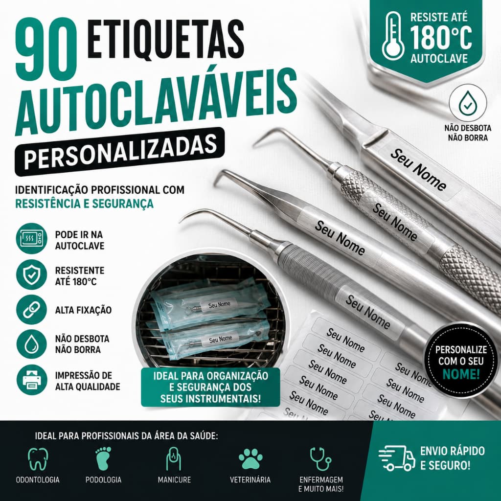 90 Etiquetas Autoclaváveis Personalizadas p/ Instrumentais Odonto Podologia Manicure Veterinária 180