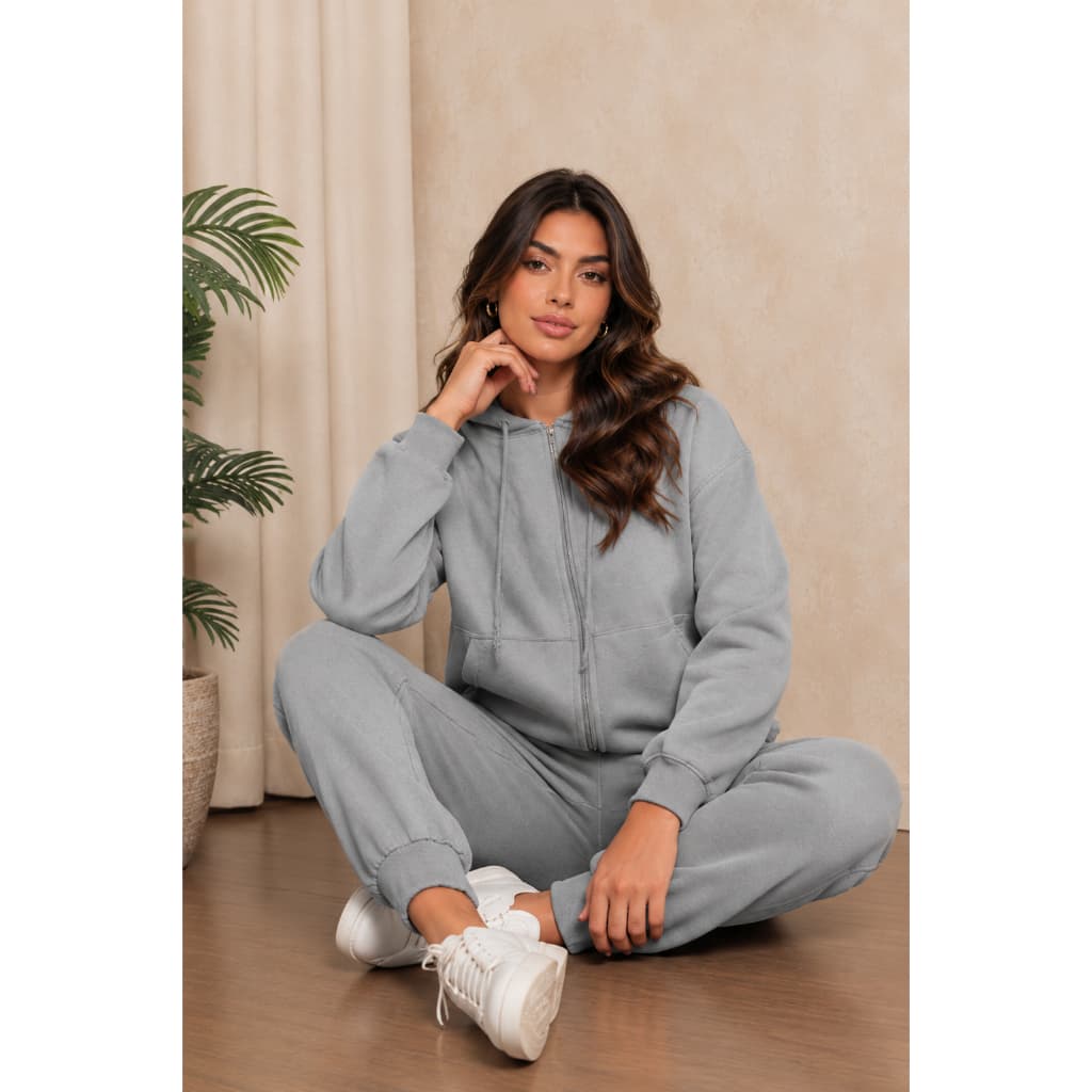 Conjunto de Moletom Feminino Flanelado com Bolso, Ziper e Capuz