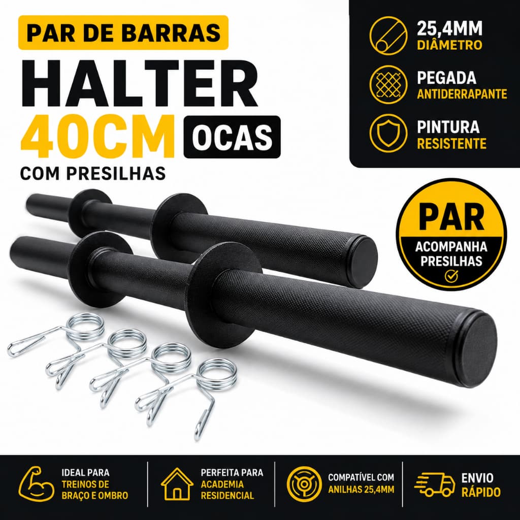 Par Barra Halter 40cm 25,4mm Com Presilhas Academia Musculação Preto