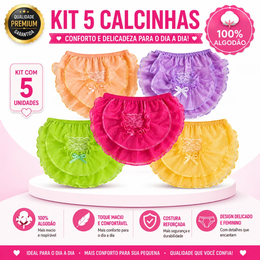 Kit com 5 Calcinha Premium Bebê Bunda Rica Feminina 100% Algodão Macia e Confortável