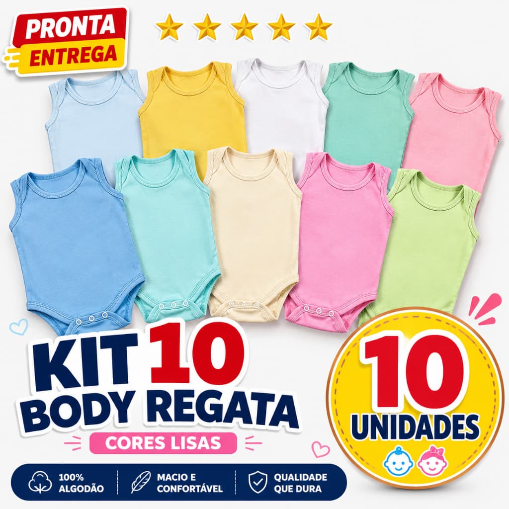 Kit 10 Body Regata Sem Manga Liso Infantil Bebê Menino Menina