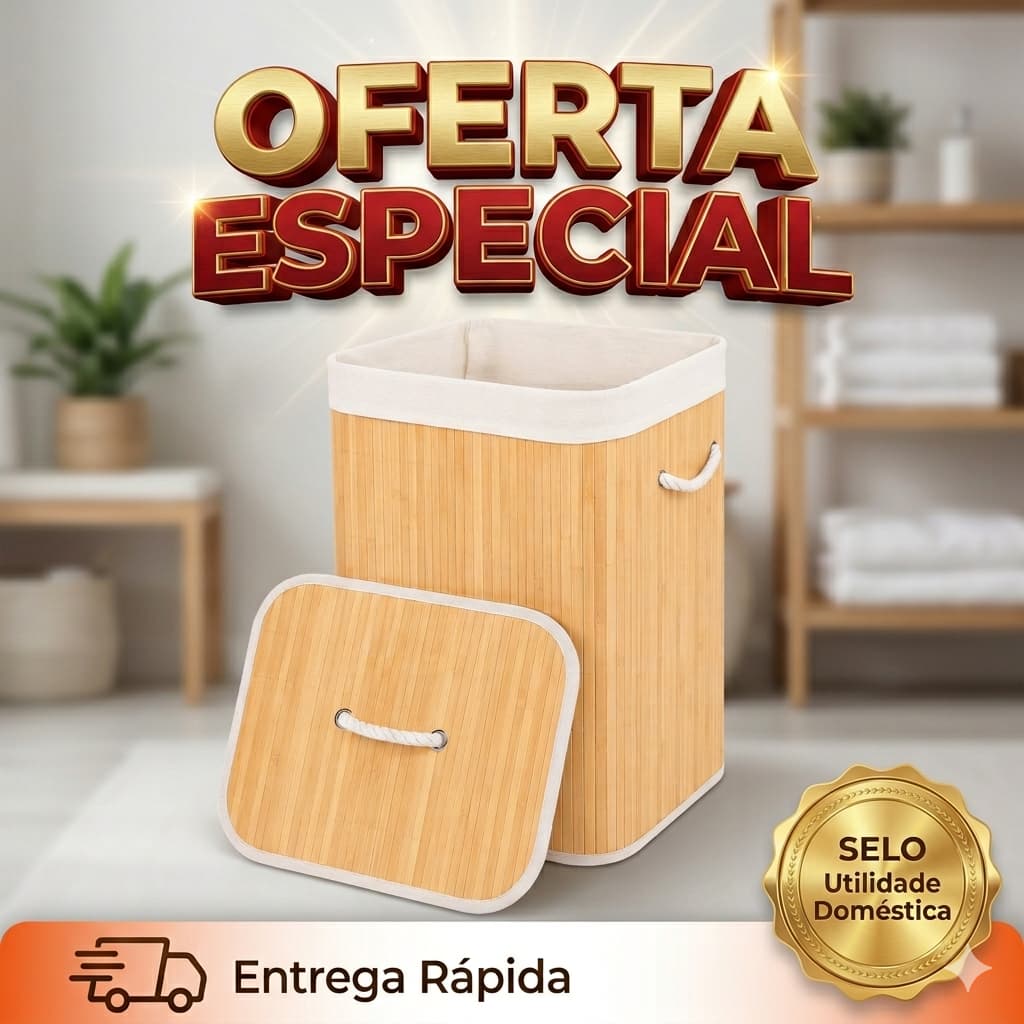 Cesto Organizador Bambu Com Tampa 70 Litros Roupa Suja Banheiro Lavanderia Premium Ecológico Grande
