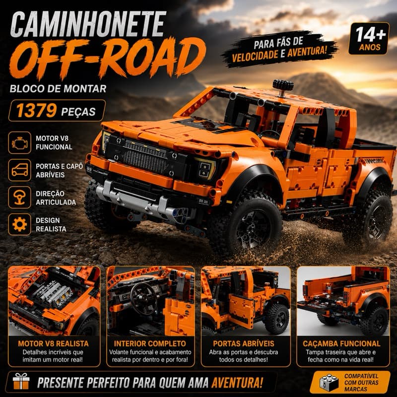 Bloco de montar Caminhonete Off Road Colecionável 1379 Peças Modelo 4x4 Tipo Lego