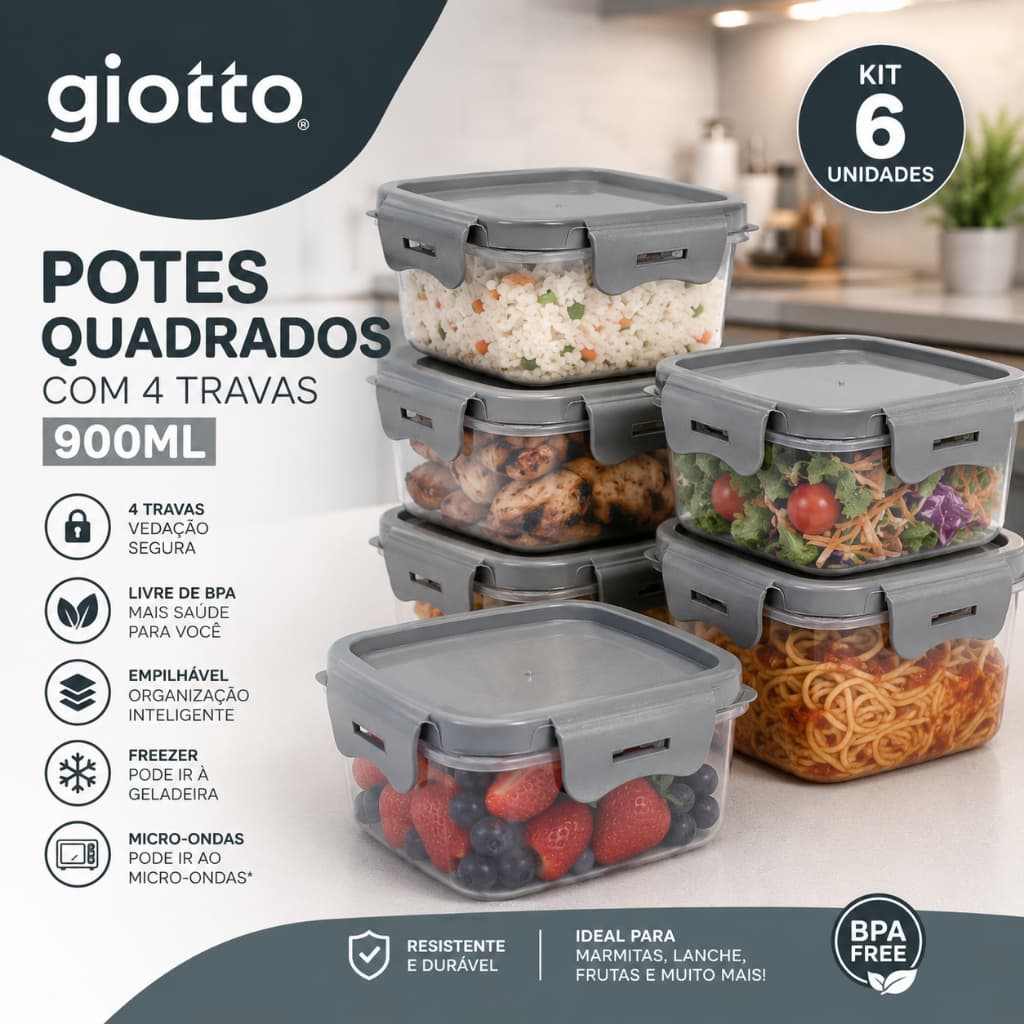 Kit 6 Potes 900ml Cinza com 4 Travas Vedação Segura para Alimentos Hermético Marmita Fitness Giotto