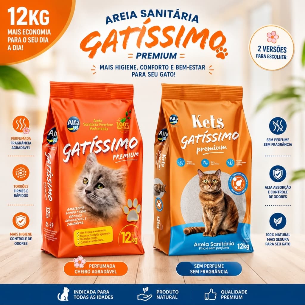 12KG Areia Sanitária Gatissimo Higiênica Para Gatos Anti Odor Pacote de 12kg Com ou Sem Cheiro