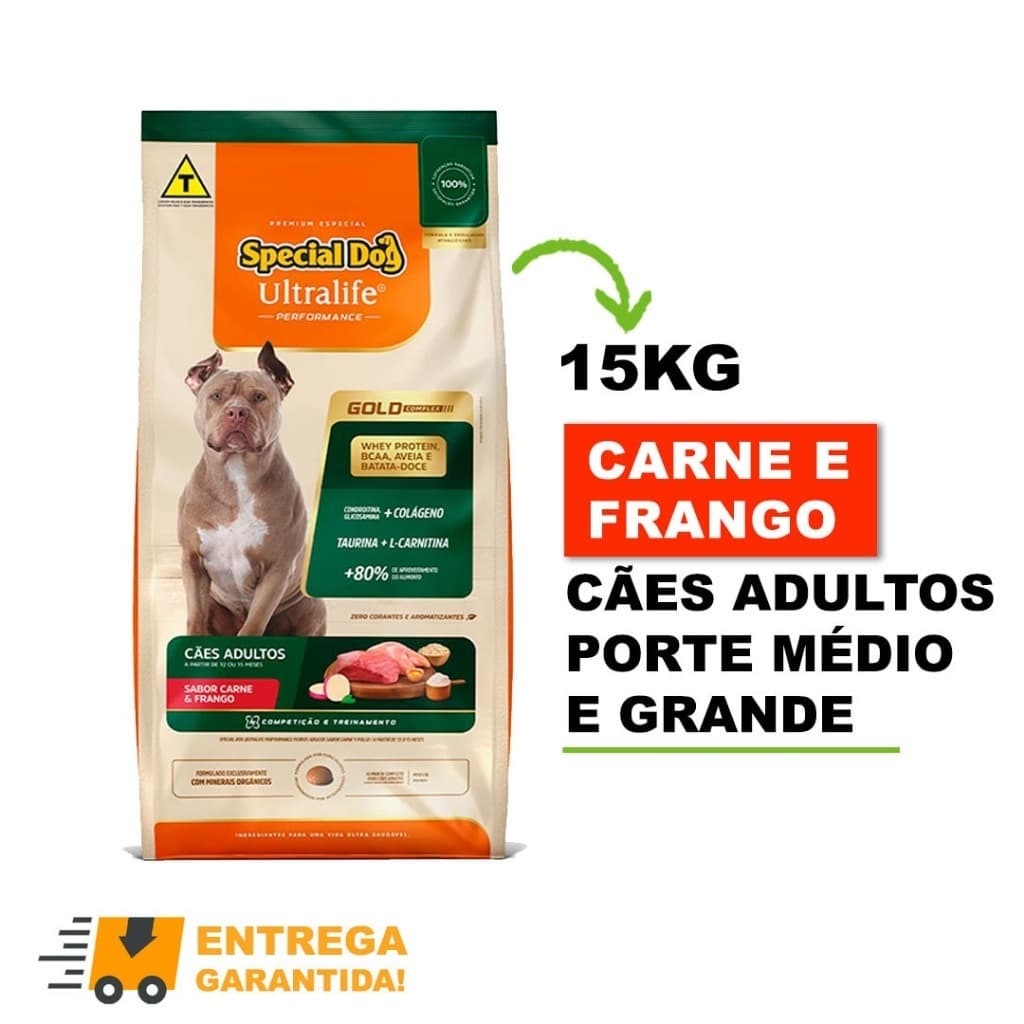 Racao Special Dog Gold Performance 15KG Caes Adultos Sabor Carne Frango e Batata Doce Whey Protein