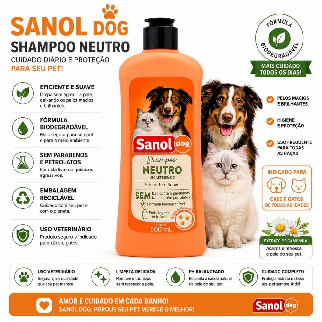 Shampoo para cães e gatos Sanol Neutro 500ml Pet Shop Dog