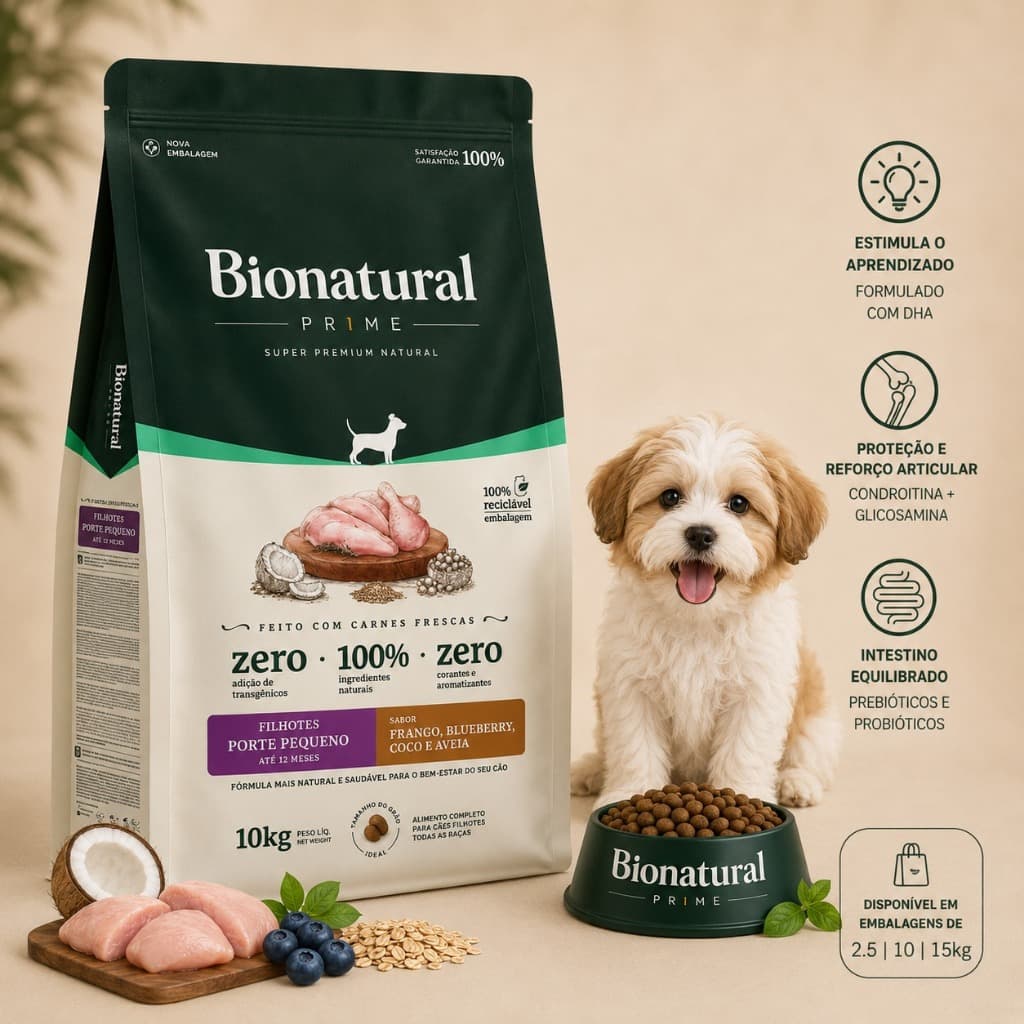 Ração Bio Natural Prime Junior Cães Filhotes Raças Pequenas Frango 10kg Super Premium Blueberry