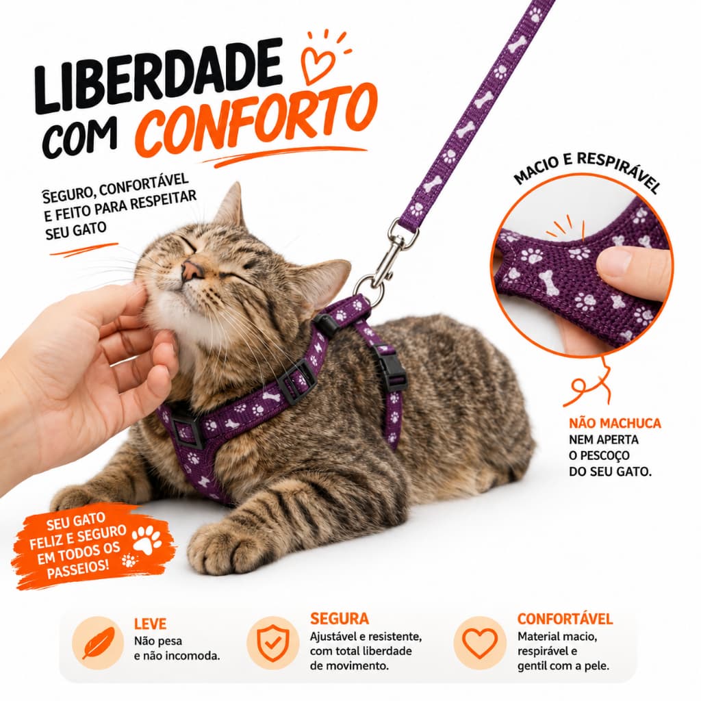 Coleira Peitoral para gato com guia para pet colete confortável
