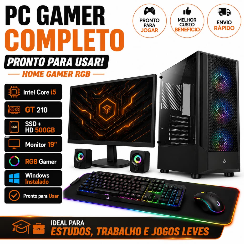 PC Gamer Completo i5 GT 210 SSD+HD 500GB RGB Home Gamer Monitor 19 Windows