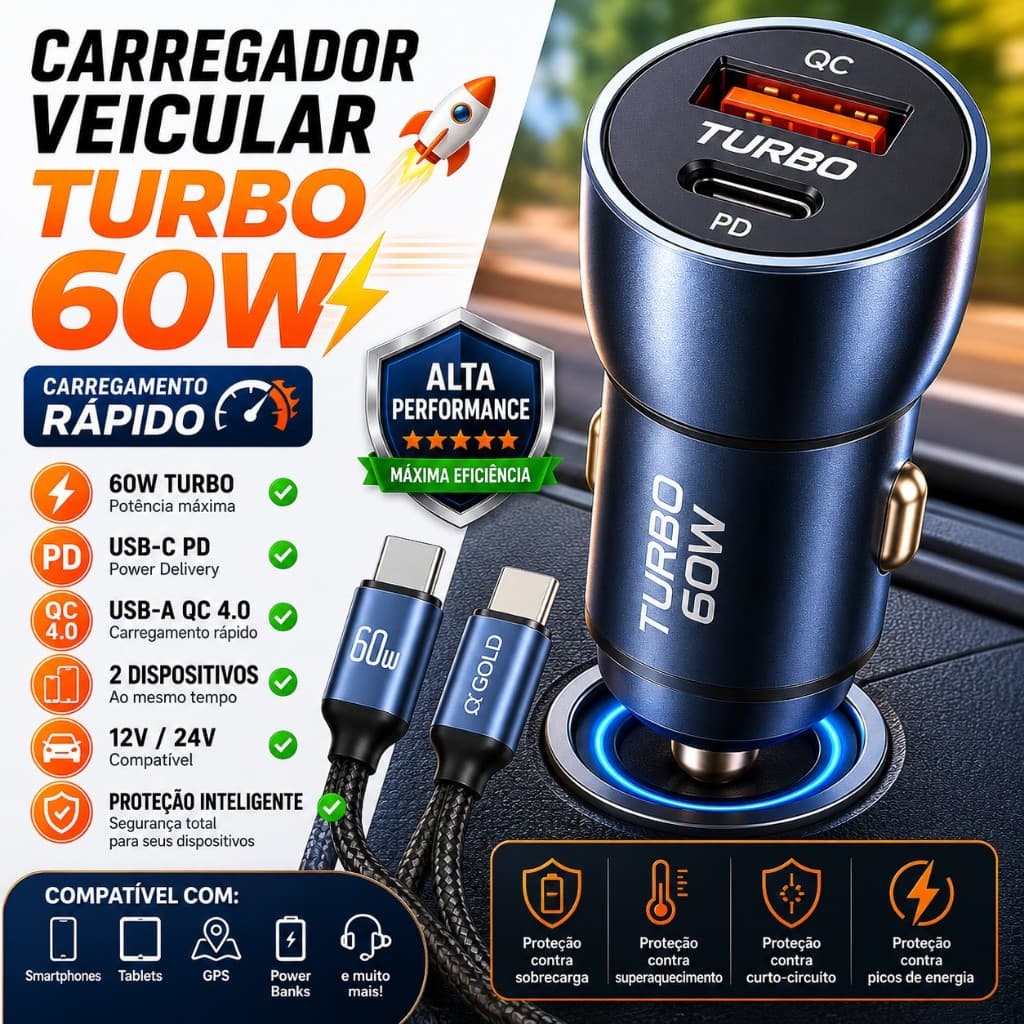 Carregador Veicular Turbo 60W USB-C PD USB-A QC 4.0 Carregamento Rápido 12V