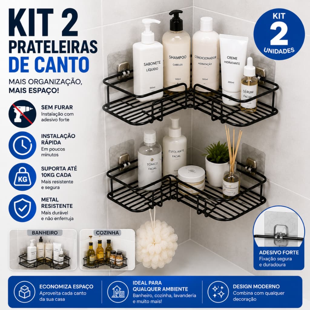 Kit Prateleira De Canto Banheiro Sem Furar Suporte Adesivo Organizador Parede Cozinha