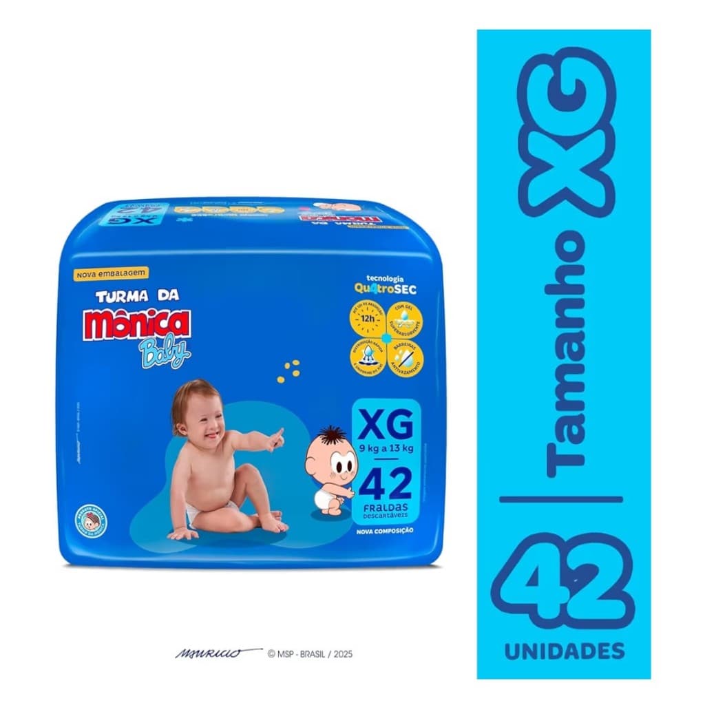 Fralda Turma da Mônica Baby Mega XG 42 Unidades - Absorção Noturna + Proteção Antivazamento