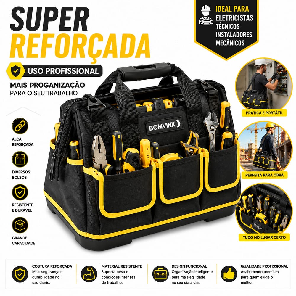 Bolsa de Ferramentas Reforçada Profissional com Alça para Eletricista Organização Ferramentas