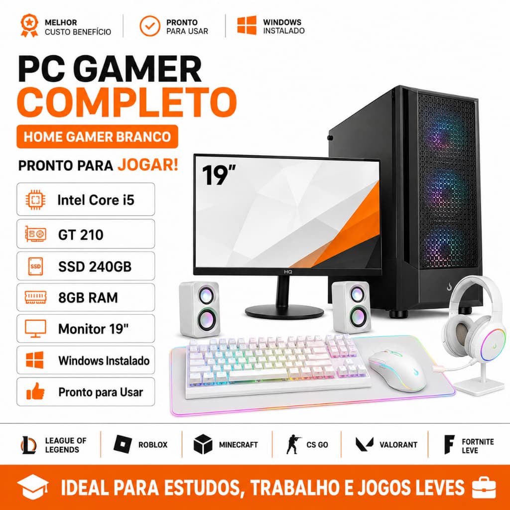 PC Gamer Completo i5 GT 210 SSD 240GB Home Gamer Branco Monitor 19 Windows