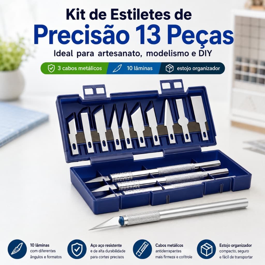 Kit Estilete de Precisão com 3 Punhos de Alumínio, 10 Lâminas de Aço e Estojo Magnético Ideal para Artesanato e Design
