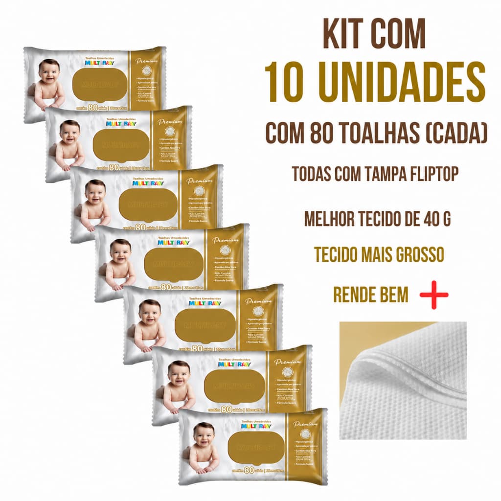 Lenço Umedecido Bebê Hipoalergênico Kit 3 ou 10 Pacotes 80 Uni Cada MultiBaby Premium Sem Álcool Aloe Vera Pele Sensível