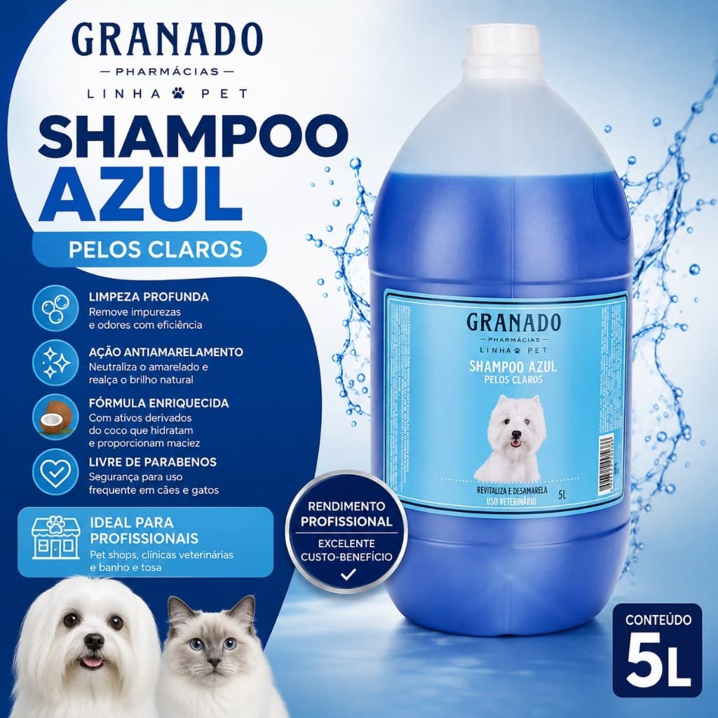 Shampoo Granado Pet Azul 5L Para Pelos Claros Cães e Gatos