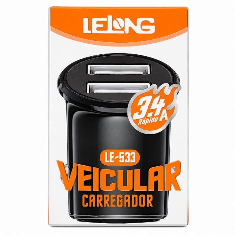 Carregador Veicular Turbo 3.4A 2 USB Duplo Rápido Universal Celular Carro LeLong
