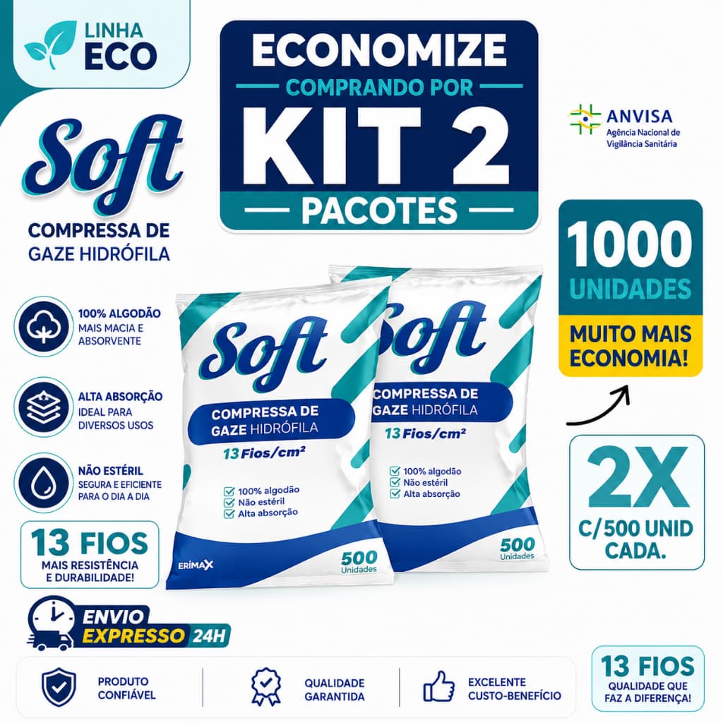 Kit 2 Compressa De Gaze 13 Fios 1000 Unidades Soft Hidrófila Gazes Anvisa Descartável
