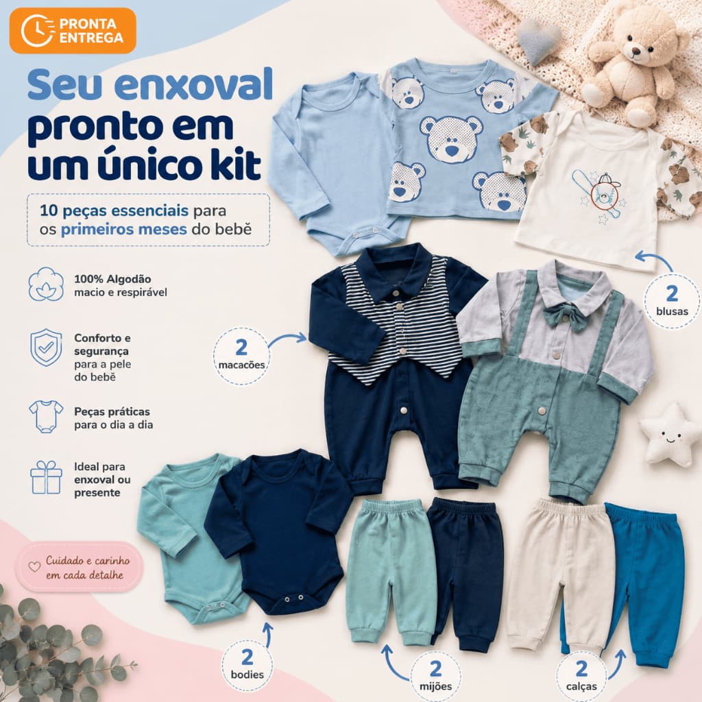 Kit Enxoval Bebê 10 Peças Menino Menina Maternidade 100% Algodão Body Mijão Macacão Calça Inverno