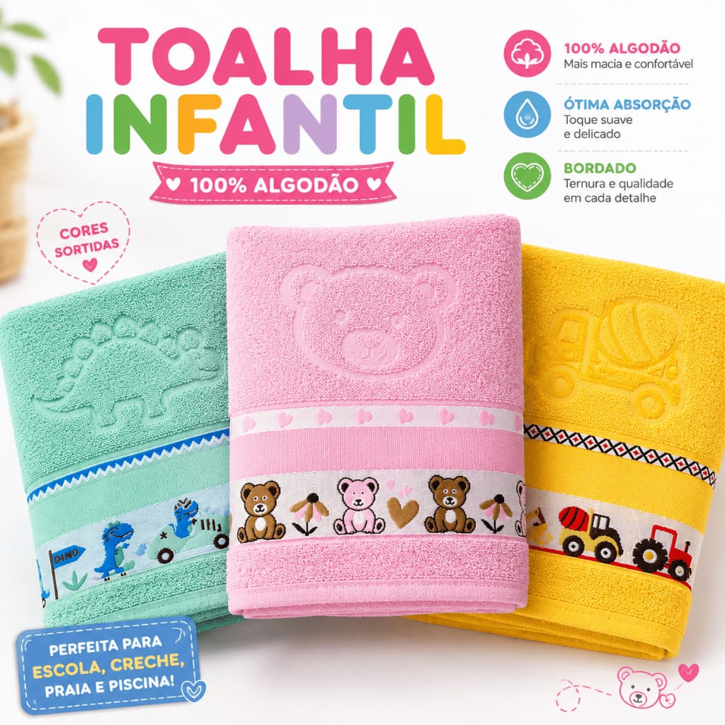 Toalha Infantil 100% Algodão Macia Alta Absorção Toalha Banho Bebê Criança 40x110