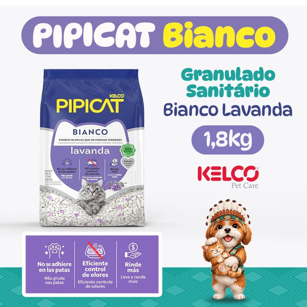 Areia Sanitária, Gato, Pipicat, Bianco, Lavanda, Pacote 1,8kg, Controle Odores, Granulado Natural