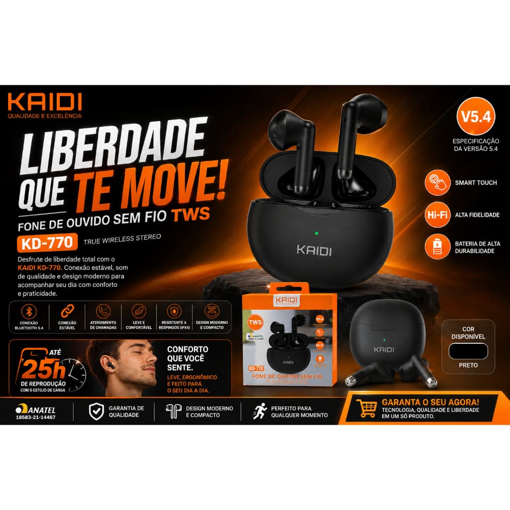Fone de Ouvido Sem Fio Bluetooth TWS KAIDI KD-770 com Bluetooth 5.1 BLACK