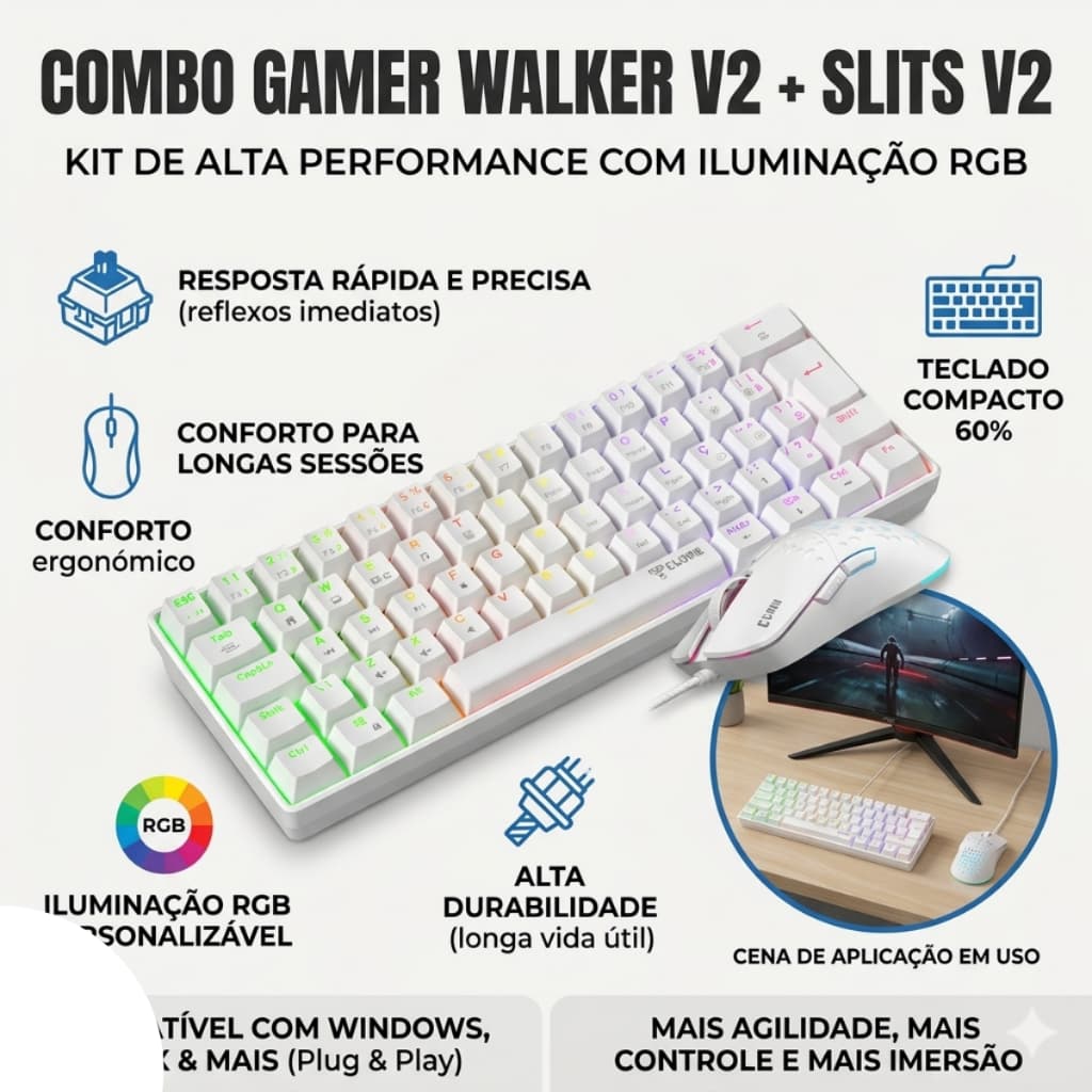 Combo Gamer Teclado Mecânico Reaver Clamm + Mouse Gamer com Fio RGB Branco Qualidade Premium Novo