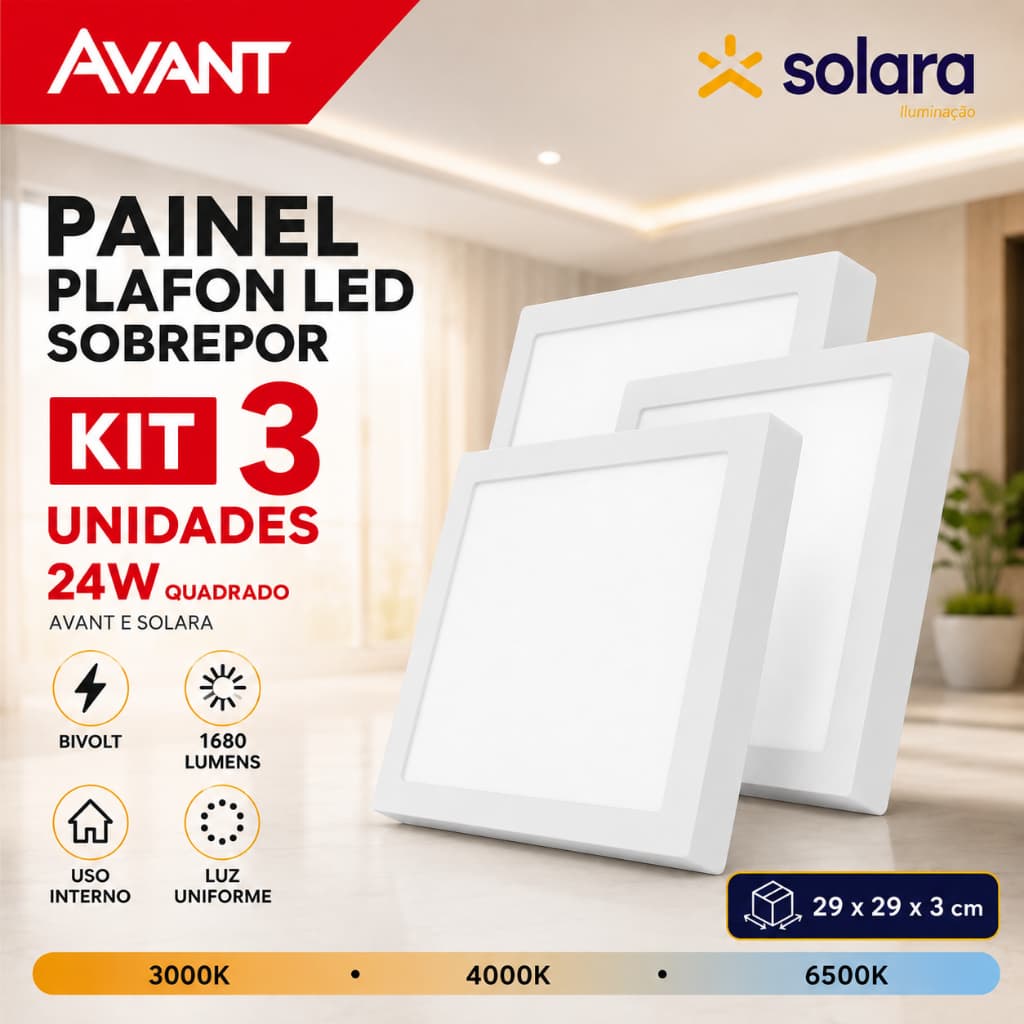 Kit 3 Painel Plafon Luminária LED Sobrepor 24w Forro PVC DryWall Gesso Quadrado Avant Solara