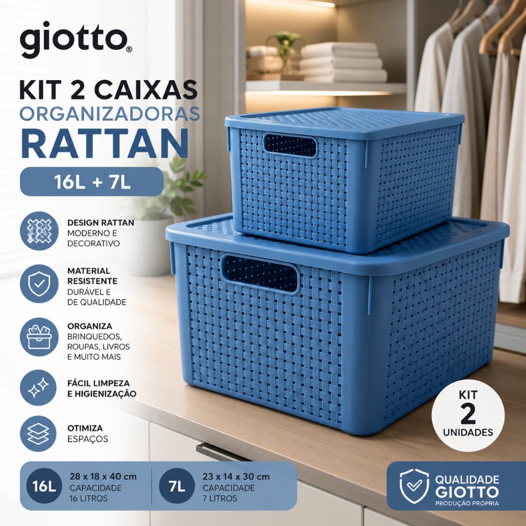 Kit 2 Caixas Organizadoras Rattan 16L e 7L Azul Cesto Organizador Casa Banheiro Giotto