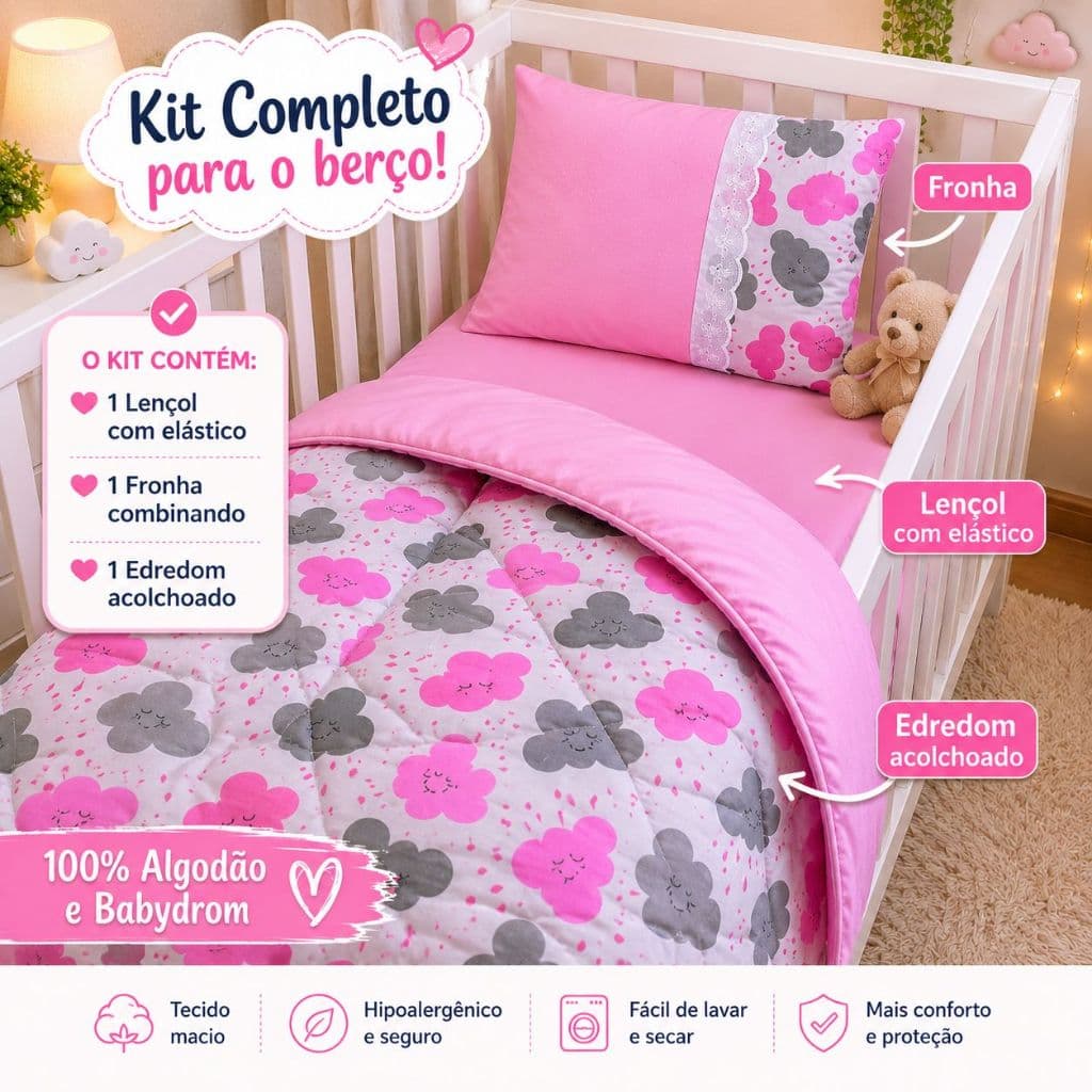 KIT COMPLETO EDREDOM COM LENÇOL E FRONHA 100% ALGODÃO BEBÊ MENINA