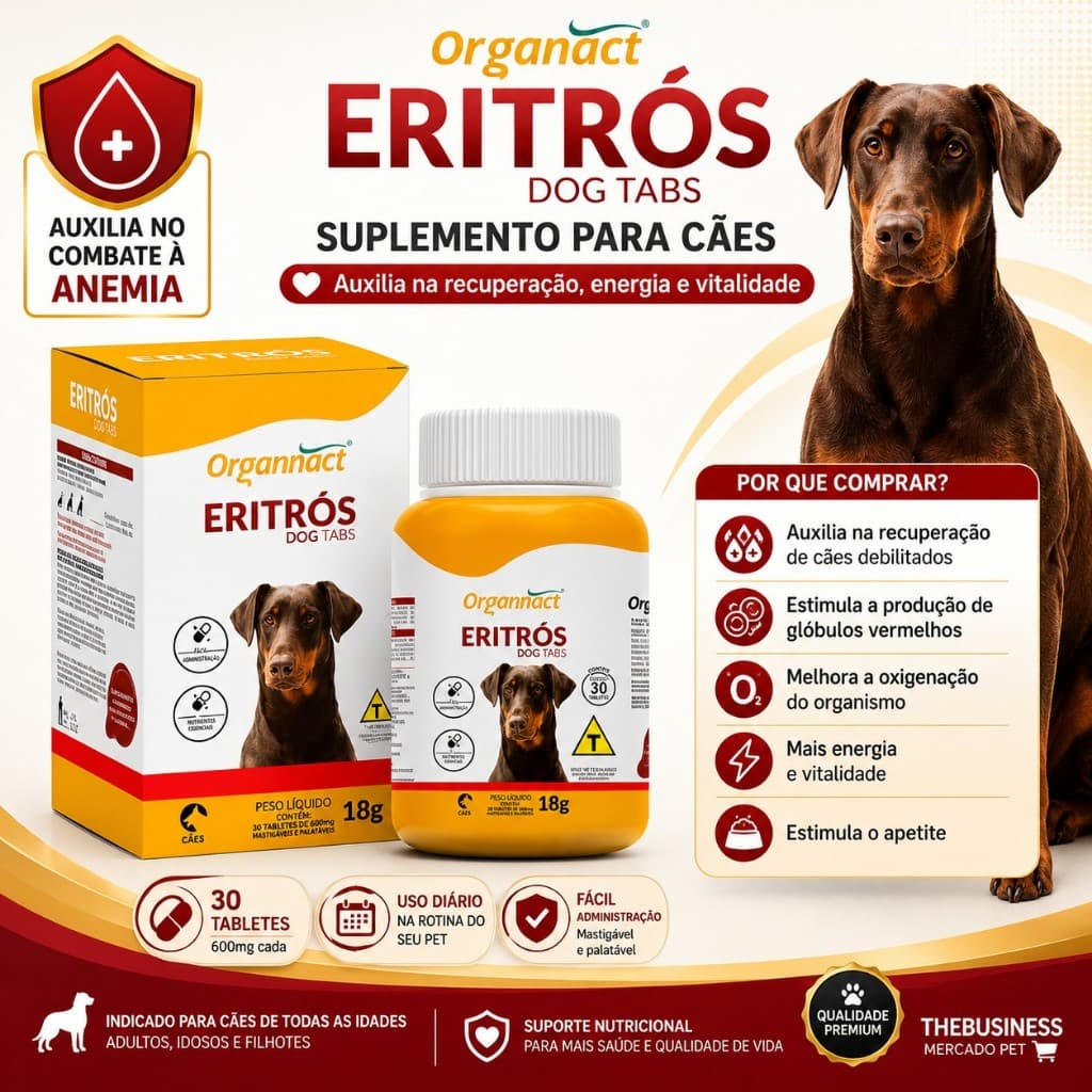 Eritrós Dog Tabs Suplemento 18g Vitamina Caes Ferro Organnact 30 Comprimidos para anemia