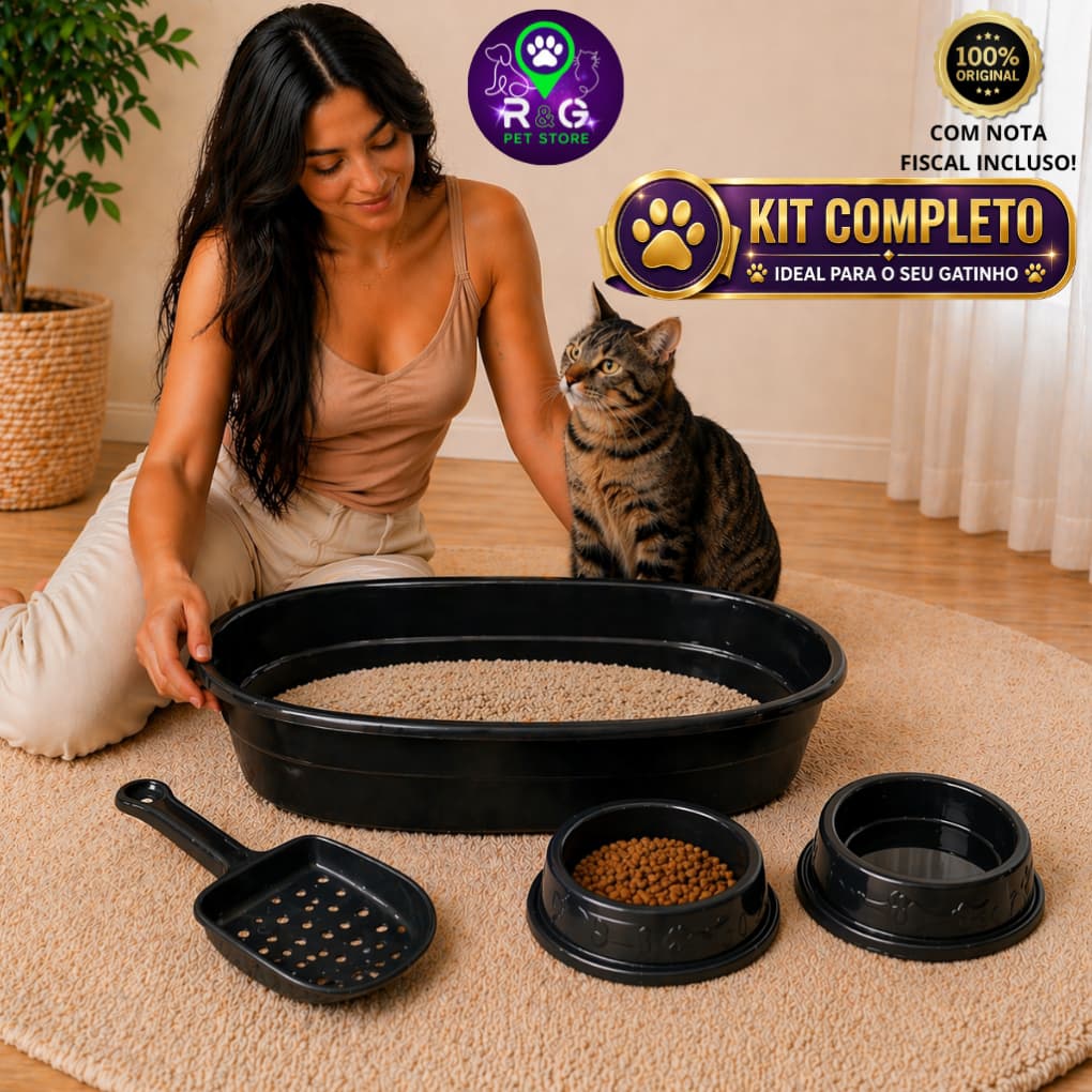 Kit Caixa de Areia para Gatos com Pá + 2 Potes Comedouro Bebedouro Bandeja Sanitária 40x26x8cm