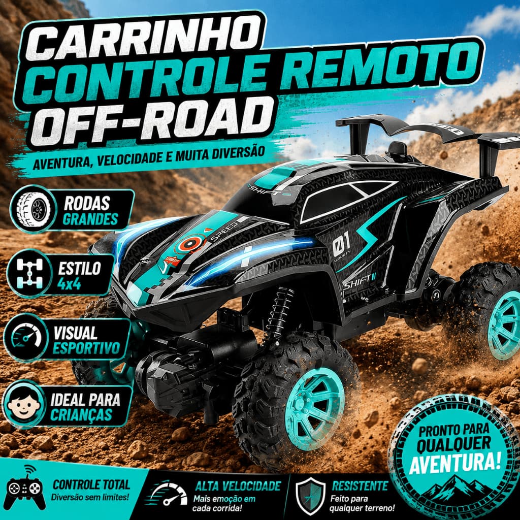 Carrinho Controle Remoto Off Road 4x4 Recarregável com Bateria Cabo USB e Controle