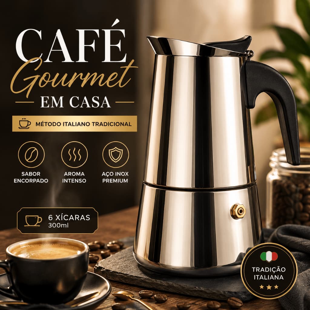 Cafeteira Moka Italiana Inox 300ml Para 6 Xícaras Café Expresso Tradicional