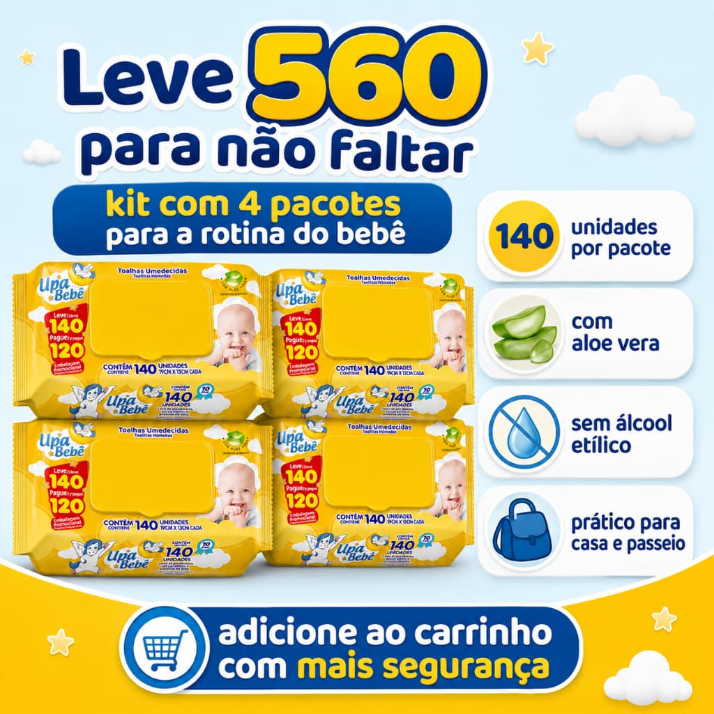Kit 4 Toalhas Umedecidas Upa Bebe 140 Folhas Tampa FlipTop 98% Agua Sem Alcool 560un Lenco Umedecido