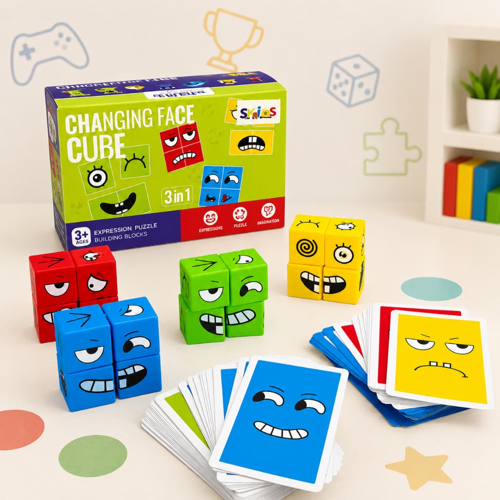 Jogo Cubo de Emoções Cara Careta com Cartas Temporizador Brinquedo Educativo Montagem Faces Infantil