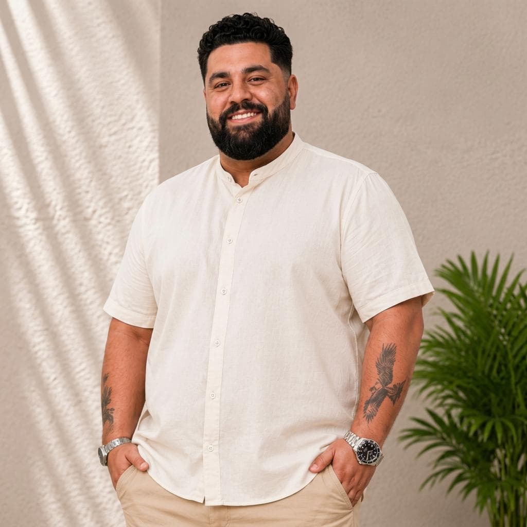 Camisa Plus Size Social Masculina Gola Padre Manga Curta Slim Fit Premium Linho