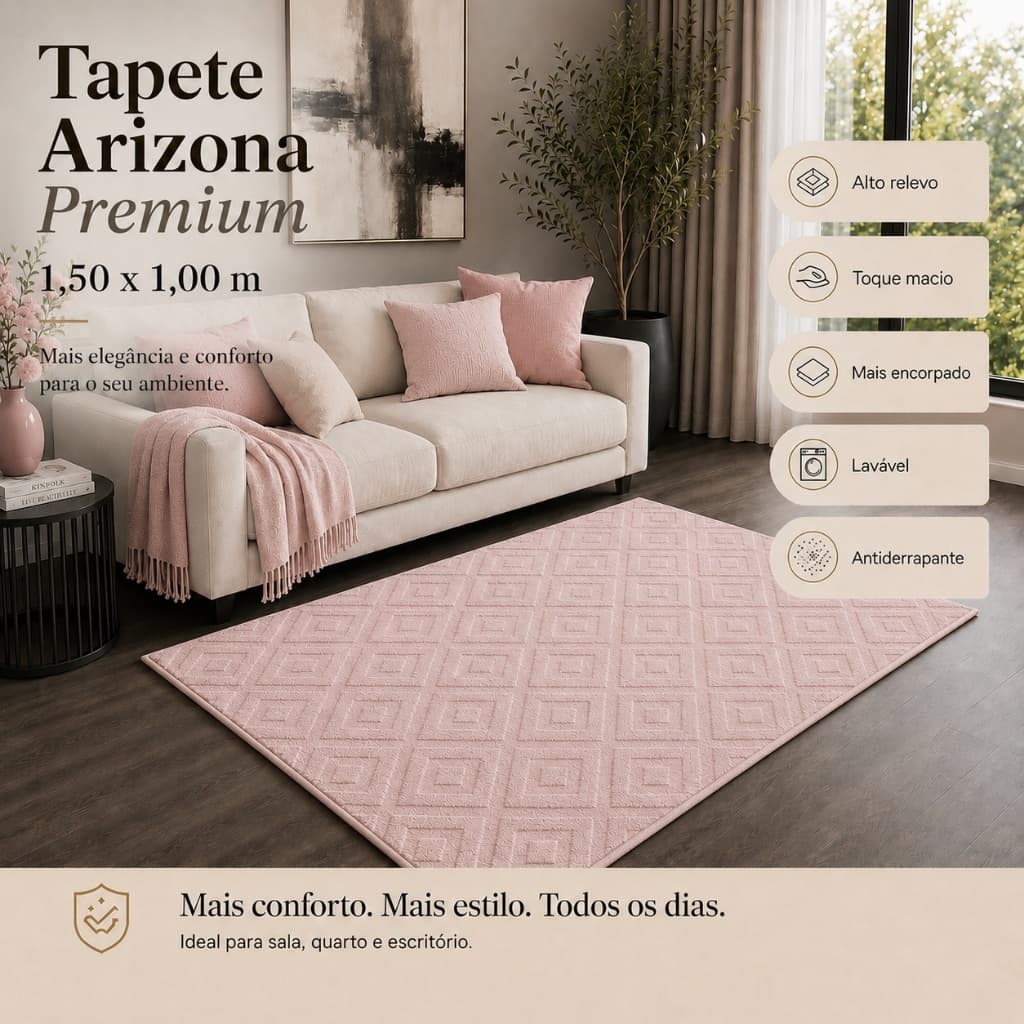 Tapete Sala Rosa Claro 1,50X1,00 Geométrico Alto Relevo Premium Macio Antiderrapante Quarto Escritório