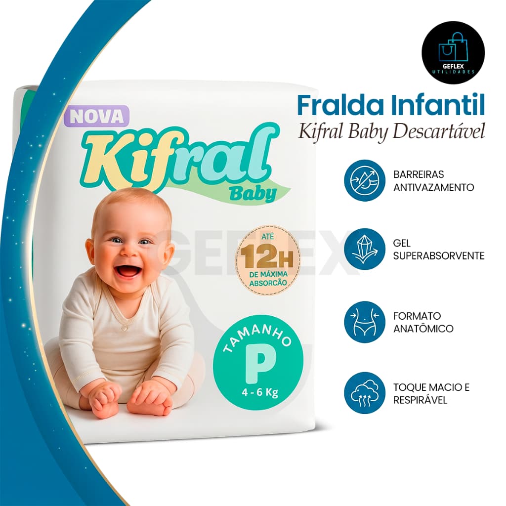 Fralda Infantil Kifral Baby Descartável P M G XG Antivazamento Super Absorção